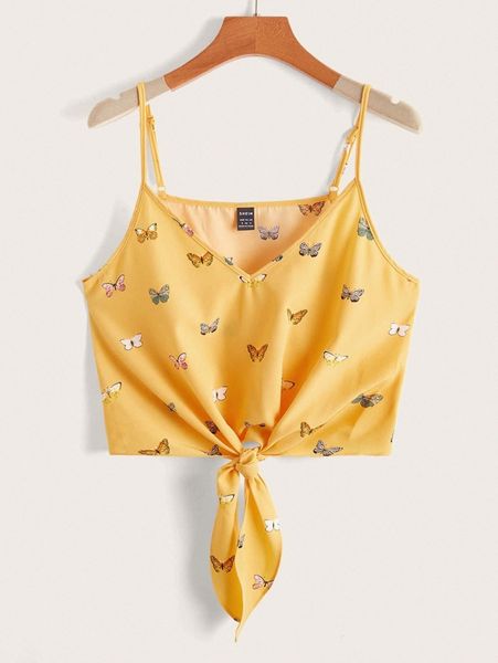 

tie hem butterfly print cami crop c4qq#, White