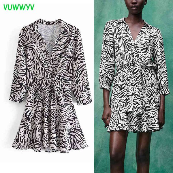 Yaz Elbise Kadınlar Siyah Leopar Baskı Fırfır Mini Kadın Uzun Kollu Afrika ES Moda Düğüm Kemer Vestidos 210430