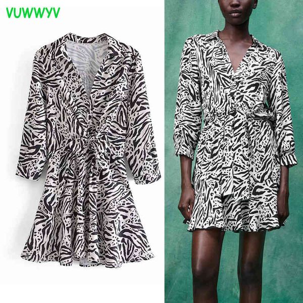 Verão Vestido Mulheres Preto Leopardo Imprimir Ruffle Mini Manga Longa Africano Es Moda Nó Cinto Vestidos 210430