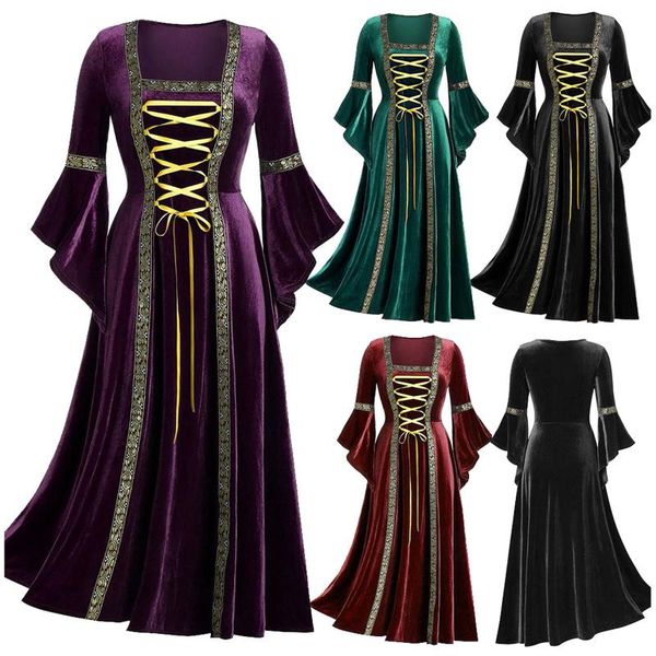 

casual dresses lace up gothic dress women autumn winter flare sleeve velvet party long retro cosplay punk goth halloween robes, Black;gray