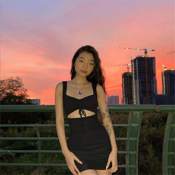 

casual dresses women spaghetti strap dress 2021 lady mini spring summer hollow out sleeveless slim party vintage mujer, Black;gray