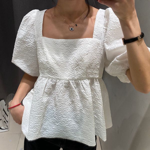 

women summer casual vacation elegant short lantern sleeve one line collar loose waist sweet ruffles shirt 16w1011 210510, White