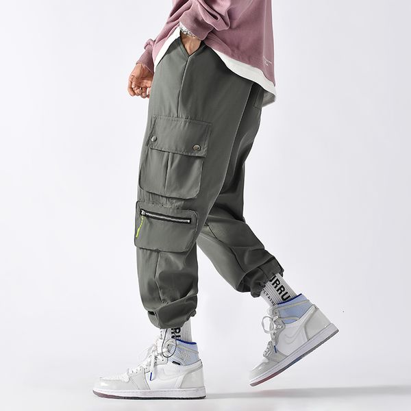 

men's pants side pockets cargo streetwear joggers mens pantalones harem workwear trousers p52l, Black
