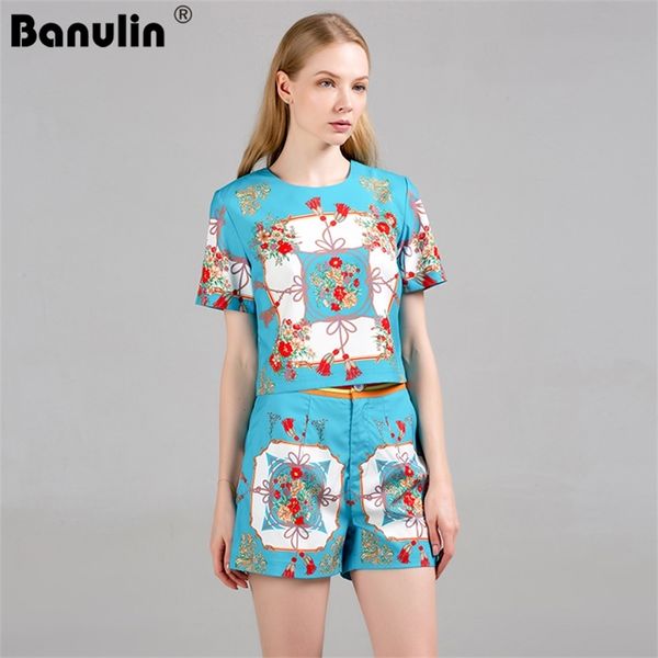 

banulin summer fashion suits women's short sleeve o-neck floral shirt and vintage printed s two pieces set 210603, White