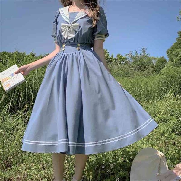 

harajuku sailor collar navy dress japanese lolita sweet bow-knot girl retro cotton kawaii preppy style long sleeve dress, Black;gray