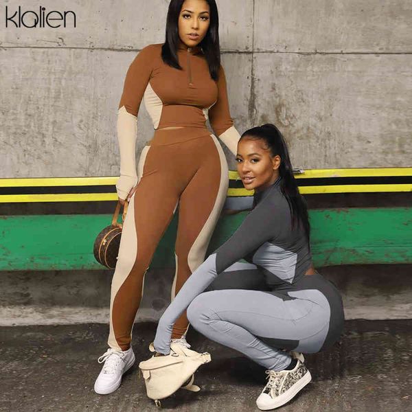 

tracksuits autumn fitness sports two piece set women zipper and trousers fashion patchwork elastic skinny outfit, Gray