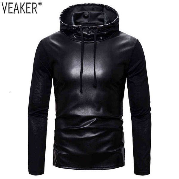 

2021 new men's pu hoodies sweatshirts male slim fit faux leather coat black hooded pullovers s-2xl