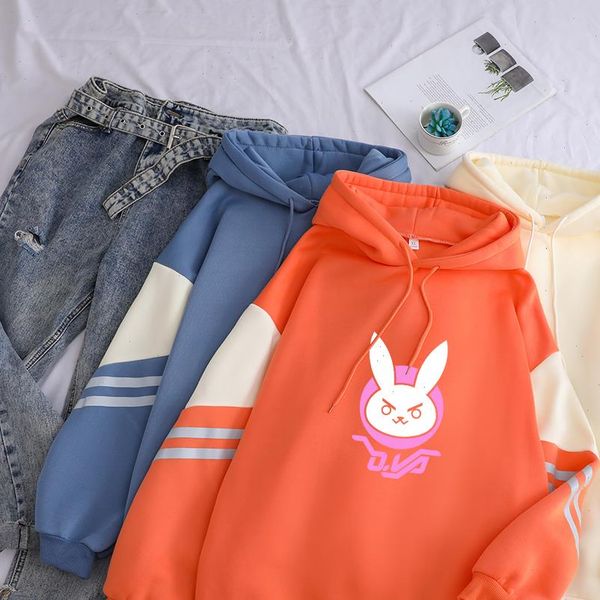 

d.va logo print solid kawaii womens sweatshirt ow dva rabbit streetwear patchwork fashion casual drop shoulder fleece pullover top, Black