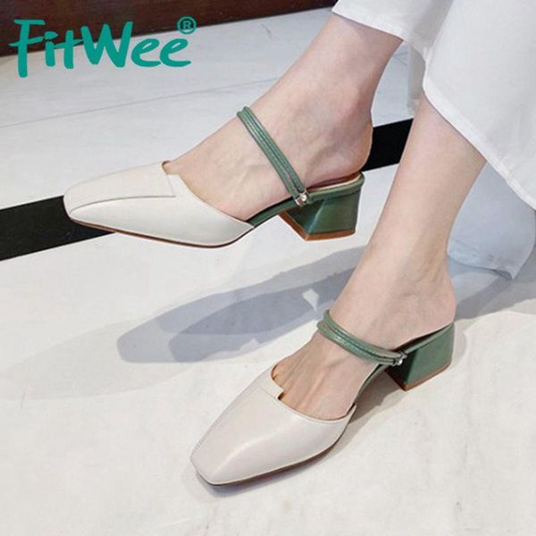 

dress shoes fitwee women sandals fashion square strap toe slippers designer real leather thick heels footwear size 33-40, Black