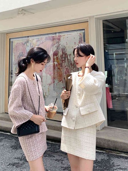 

two piece dress autumn winter tweed 2 set women short jacket wool coat bodycon pencil skirt suit sets 3ldn, White