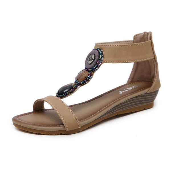 

casual women's sandals summer ethnic wedge beaded vintage roman large size, Black