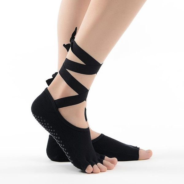 

sports socks cotton dance yoga women's grain sole five finger open toe back lace up non slip women, Black