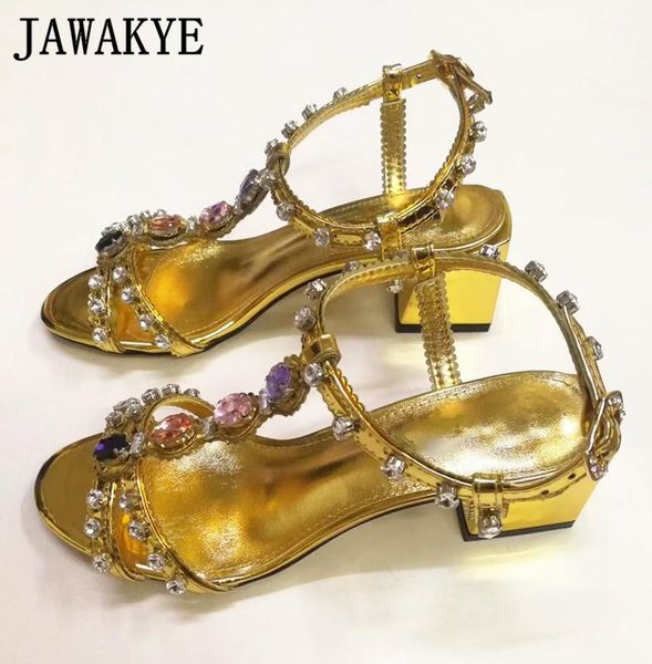 

sandals gold rhinestone shoes women t strap chunky square heels designer summer woman peep toe beach party crystal, Black
