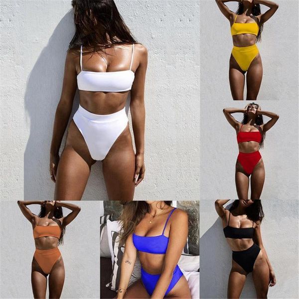 

women's swimwear 2021 solid color bikini set women swimsuit high waist padded backless straps bra, White;black