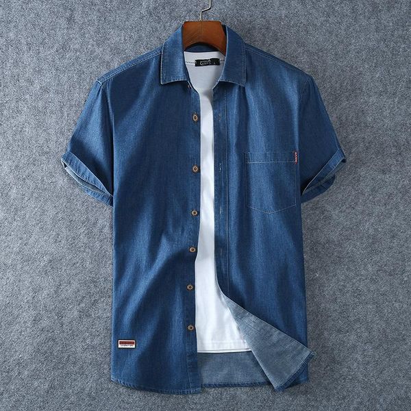 

men's casual shirts denim short-sleeved shirt .100% cotton summer fashion solid color breathable and comfortable lapel (oversized plus, White;black