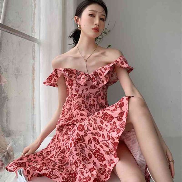 

casual dresses off the shoulder ruffle red summer 2021 pleated backless floral sleeveless cute korean fashion y1jc, Black;gray