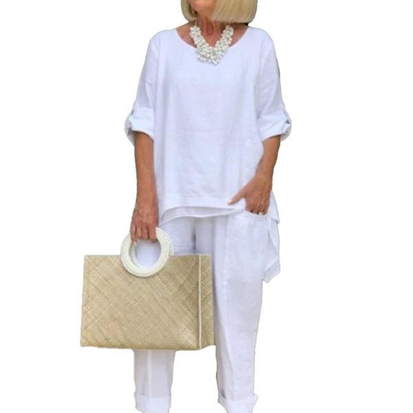 

women's pants & capris 1 set t-shirt 2021 fashion solid color irregular hem round neck blouse elastic waist streetwear, Black;white