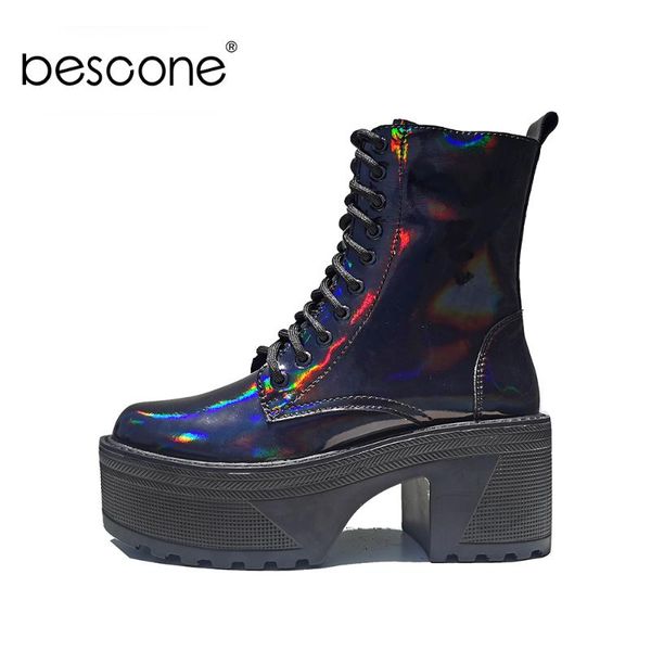 

boots bescone ankle woman thick bootom high square heel platform lace up ladies round toe short bo725, Black