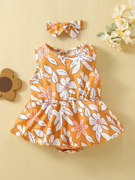 

baby floral print combo bodysuit dress & headband she, Red;yellow