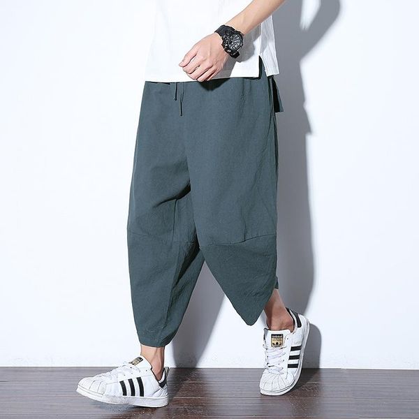 

men's pants summer cotton linen wide leg trousers men elastic waist 5xl kimono for casual vintage streetwear sweat, Black