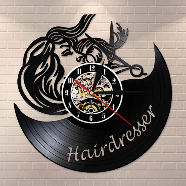 

wall clocks hairdresser black retro clock made of record hair salon decor scissor barbershop hairdo sign watch stylist gift