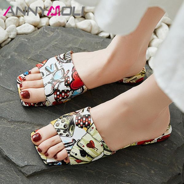 

slippers annymoli real leather woman square toe sandals flower flat slides mixed color female beach shoes summer green red 33-40, Black