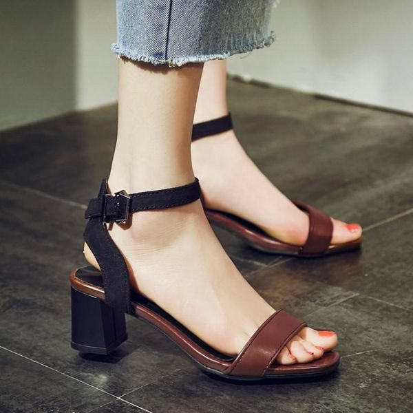 

dress shoes mixed colors buckle strap square heels women sandals peep toe ankle med, Black