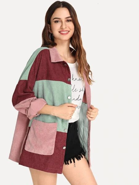 

women's jackets coats autumn and winter color matching corduroy loose thin shirt w64t, Black;brown