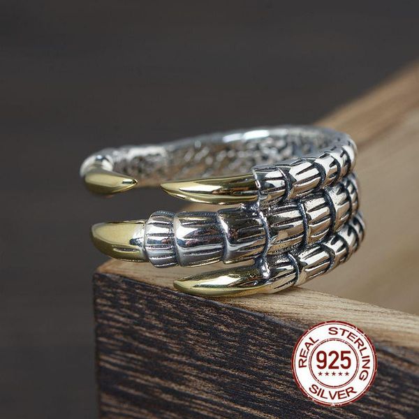 

thai silver dragon claw rings 925 sterling open ring for men hip hop punk man male fine jewelry cluster, Golden;silver