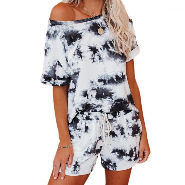 

women's tracksuits women 2 pcs ink tie dye suits, oblique shoulder neck short sleeve t-shirt + pant pajamas tracksuit homewear, Gray