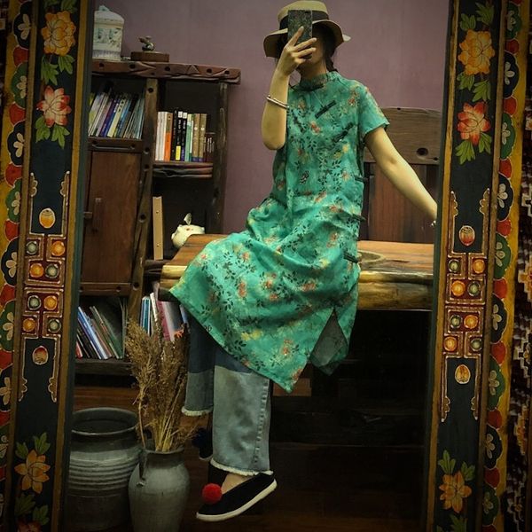 Johnature Vintage A-Line с коротким рукавом летнее платье на колене, регулярное стенд воротник вскользь зеленый печать белье женское платье 210521