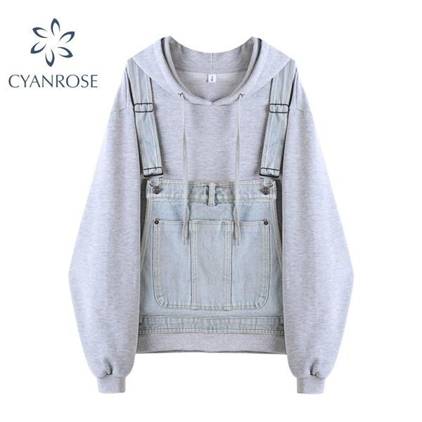 

women grey hoodies sweatshirt 2021 autumn fashion denim pocket patchwork pullovers ladies long sleeve casual jumpers female women's &, Black