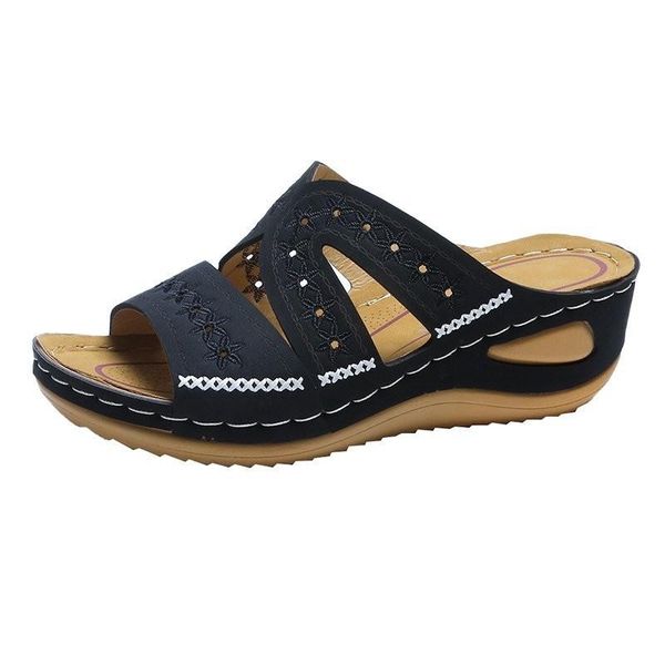 

slippers 2021women sandals summer shoes woman ladies sewing hollow out wedges female casual pu leather comfortable retro sandalis, Black