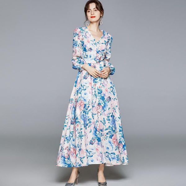 

casual dresses 2021 fall style v-neck long sleeve bohemian retro print slim temperament mid-length dress women's clothing, Black;gray