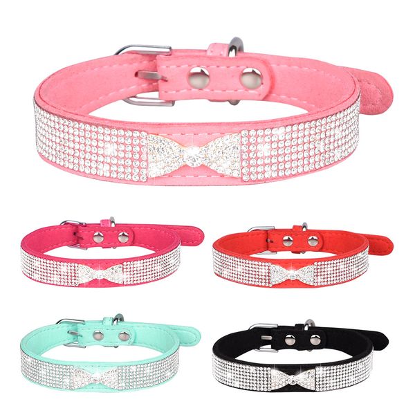 

bling rhinestone puppy cat collars adjustable leather bowknot pet kitten collar bowknot soft comfortable small dog collar
