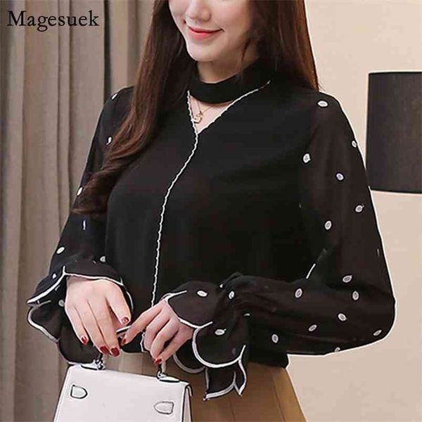 

autumn fashion chiffon women blouse korean petal sleeve vintage shirts polka dot elegant slim dames 10343 210512, White