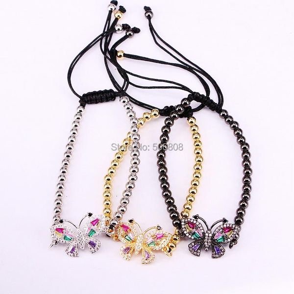 

charm bracelets 6pcs, round copper beads with colorful cz butterfly connector braiding macrame, Golden;silver