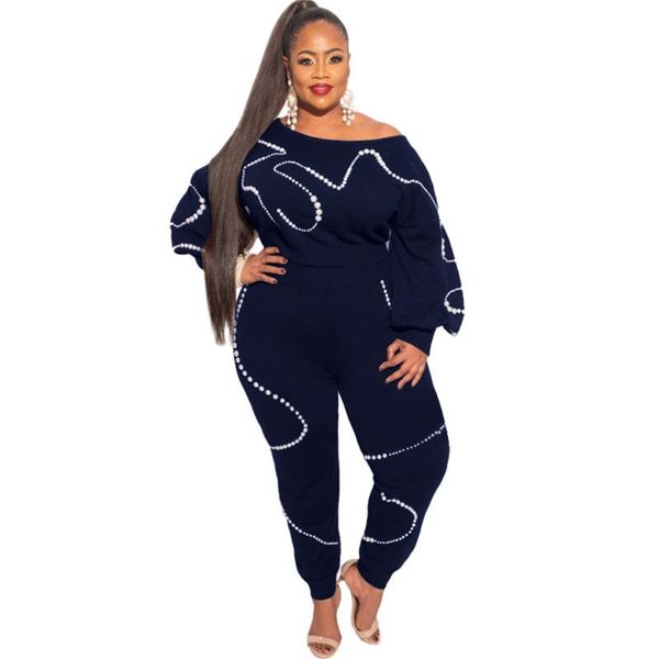 

plus size tracksuits 2 piece sets womens outfits long sleeve crop femme knitted set with pearls sweat suits beading loose big, Black
