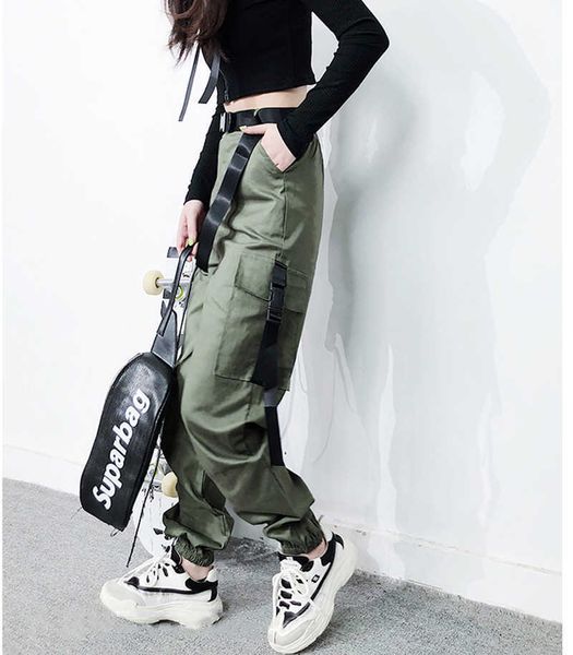 Pantaloni cargo da donna Army Pantaloni a vita alta Pantaloni larghi mimetici Hip Hop Harem Streetwear Harajuku 210531