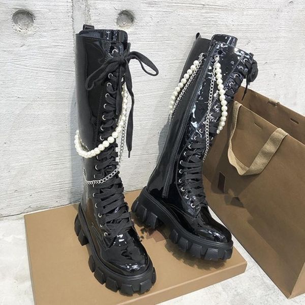 

boots knee-high platform women pearl pendant ladies shoes cross-tied botas femininas chinese design zapatos mujer knight, Black