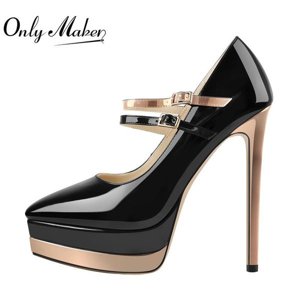 

dress shoes onlymaker women platform pumps patent leather thin high heels pointed toe shallow double buckle big size, Black