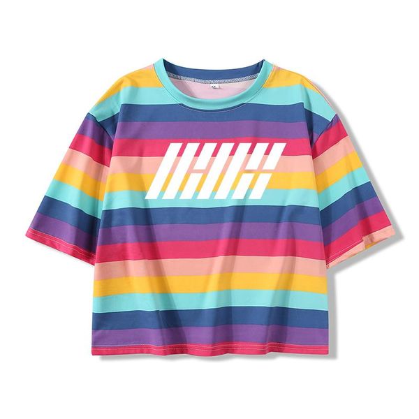 

women's t-shirt tee shirt female letter ikon printing pattern streetwear loose baggy kpop style rainbow stripes harajuku all-match crop, White