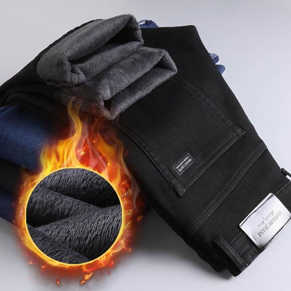 

men's jeans 2021 winter men's warm slim fit business fashion thicken denim trousers fleece stretch brand pants black, Blue