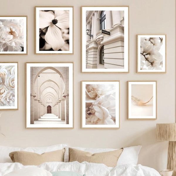 

paintings beige landscape nordic poster magnolia peony rose flower arch wall art print canvas painting decoration pictures for living room