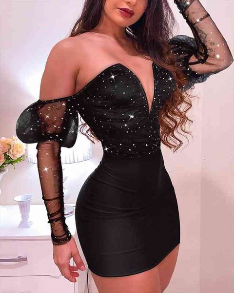 

women bodycon dress off shoulder v neck night club mini dress glitter mesh splicing party, Black;gray