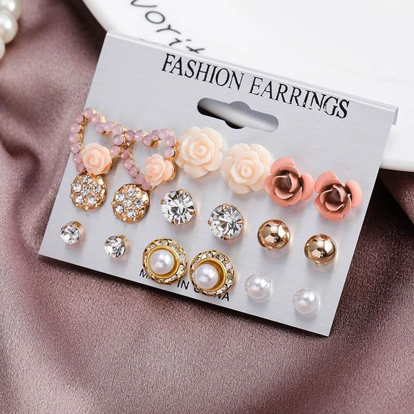 

set women's pearl flower crystal studs earrings girls elegant rose heart stud earring jewelry gift bijouteria kolczyki, Golden;silver