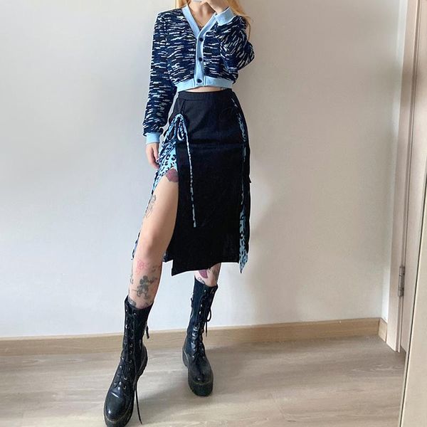 

skirts lady's fashionable splitting skirt leopard print splicing lace-up slim short daily life and vacation, Black