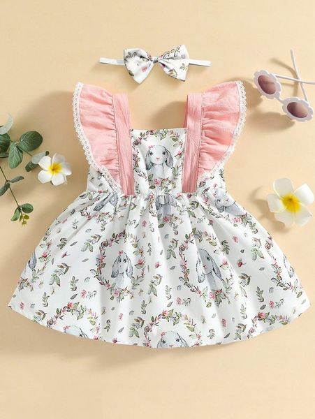 

baby random rabbit & floral print ruffle trim dress & headband she, Red;yellow