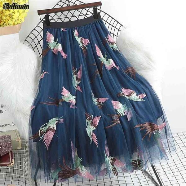 

guilantu spring summr mesh embroidery long skirt women clothes elastic high waist mid-calf s female harajuku tulle 210621, Black