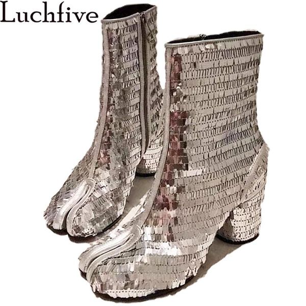 

boots bling sequin split toe ankle botas for women round chunky high heels runway fashion week style shiny zapatos mujer, Black